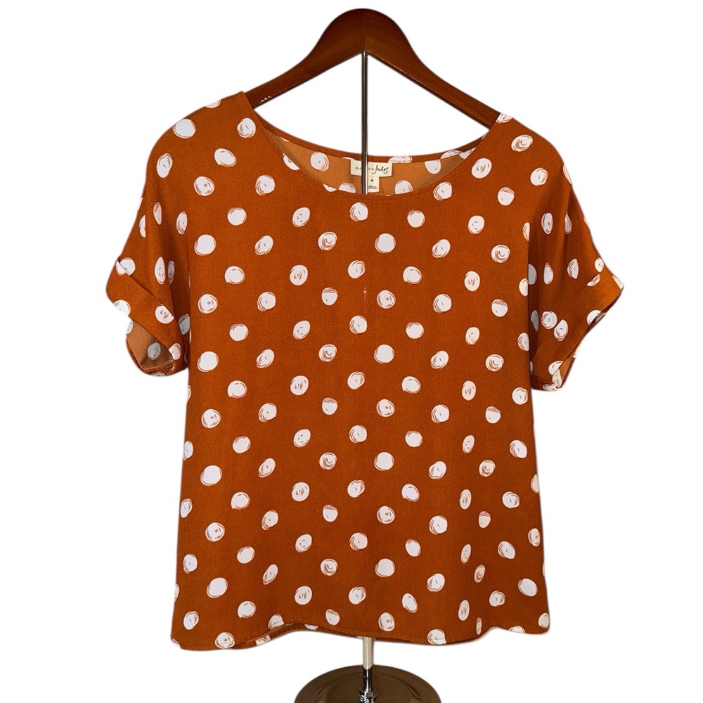 Maison Jules Top Dolman Cuffed Sleeve Scoop Neck Rust &White Polka Dot Sz Medium